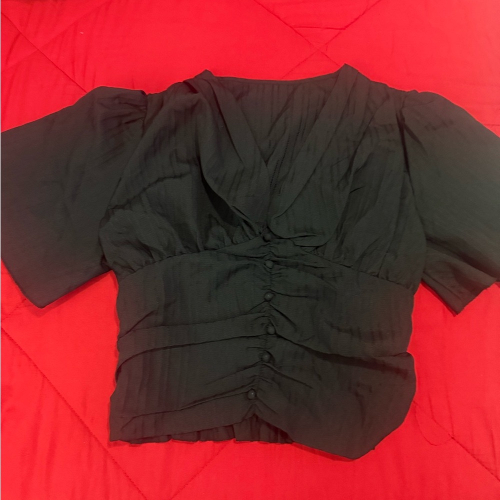 Black Puff Sleeve Button-Front Women's Top
